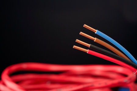 Close up of red and blue electric cable isolated on black background.の写真素材
