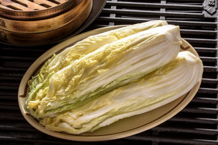 Chinese cabbage on a plate on a grill in Beijing, China.の写真素材