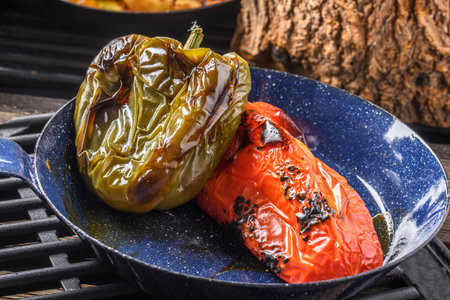 Baked stuffed peppers on a blue plate on a wooden background.の写真素材