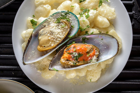 Clams and mussels with dumplings on a plate