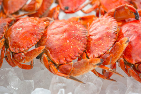 Steamed red crab on ice for sale in seafood market, Thailand.