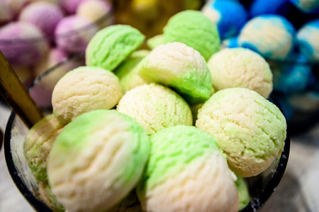 Colorful ice cream in a glass bowl. Selective focus.