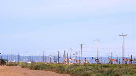 Electricity Pylons and Power Lines in the Desert with Blue Sky