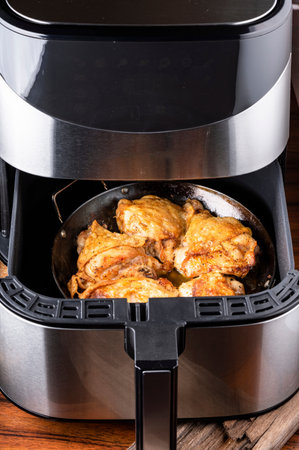 Cooking chicken wings in a multicooker on a wooden tableの写真素材