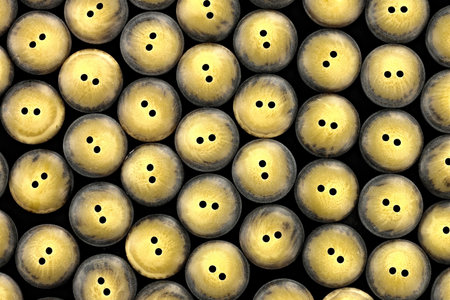 Group of yellow wooden buttons on black background. Seamless pattern.