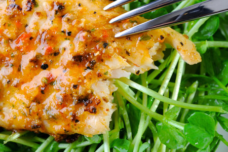 Fried fish fillet with sauce and arugula, close up