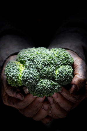 Broccoli in the hands of a farmer. Selective focus.