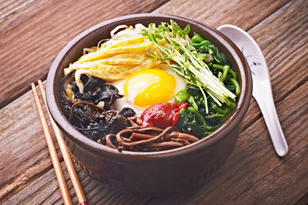 Bibimbap - japanese rice noodle with eggの写真素材