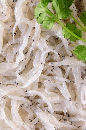 Raw white rice noodles with black sesame seeds and corianderの写真素材