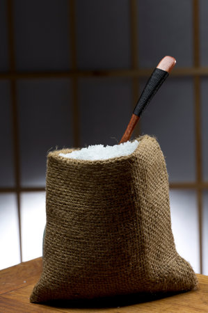 Coconut sugar in a burlap bag with a wooden spoonの写真素材