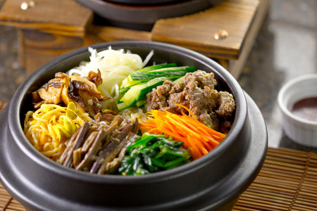 Bibimbap, Korean style noodle with beef and vegetablesの写真素材