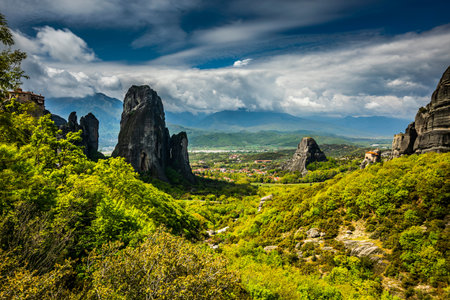 Panoramic view of Meteora mountains, Thessaly, Greeceの写真素材