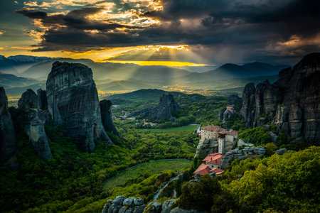 Meteora monasteries in Greece at sunset. Beautiful landscapeの写真素材