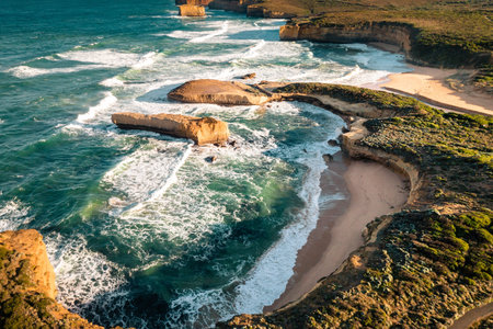 Aerial view of the cliffs and beach in Lagos, Portugalの写真素材