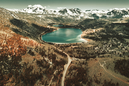 Aerial view of alpine lake in Dolomites, Italyの写真素材