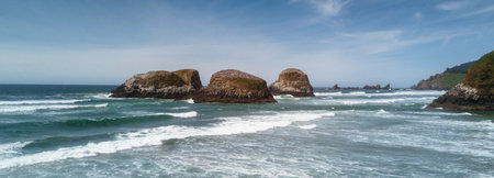 Panoramic view of the rock formations on the Pacific coast of California