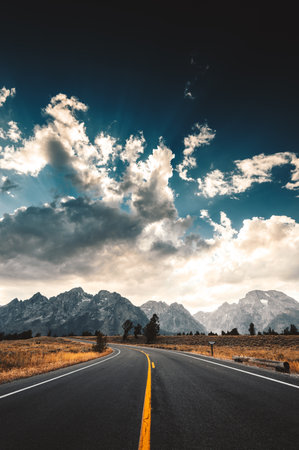 Road in Grand Teton National Park, Wyoming, United States.の写真素材