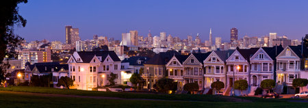 San Francisco, California, USA downtown skyline at dusk from Alamo Square.の写真素材
