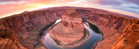 Panoramic view of Horseshoe Bend at sunset, Arizona