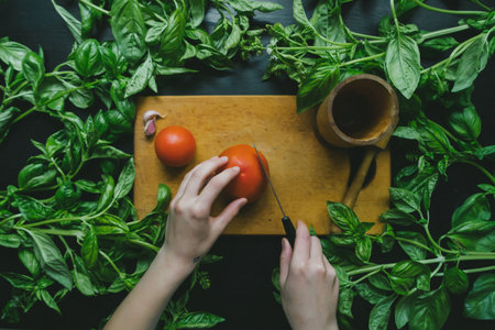Woman's hands cutting fresh tomatoes with a knife on a wooden board.