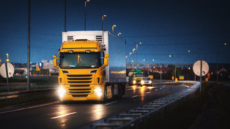 Truck on the road at night. Freight transportation concept.の写真素材