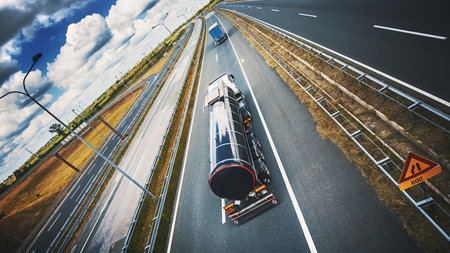 Truck on the highway. View from above. Concept of logistics and transportation.