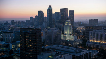 Downtown Los Angeles skyline at sunset, California, United States.の写真素材