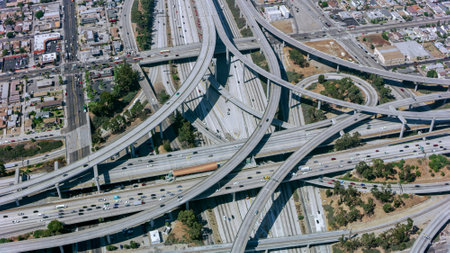 Aerial view of highway intersection in Los Angeles, California, USAの写真素材
