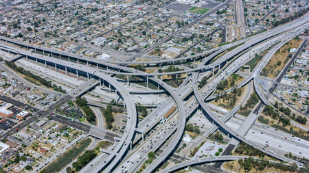 Aerial view of highway intersection in Los Angeles, California, USA