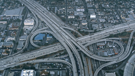 Aerial view of a highway in the city of Los Angeles, California.