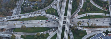 Aerial view of highway intersection in downtown Los Angeles, California.