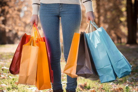 Close-up of woman holding shopping bags in the park on a sunny dayの写真素材