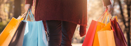 Cropped image of young woman holding shopping bags in park during sunny dayの写真素材