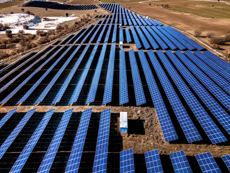 Aerial view of solar power plant with rows of blue solar panels