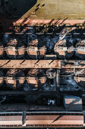 Aerial view of oil refinery plant. Top view from drone.