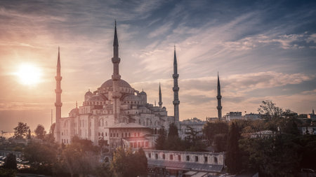 View of the Blue Mosque in Istanbul, Turkey at sunset time.の写真素材