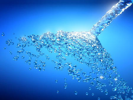Water splash with bubbles on blue background. 3d render illustration.の写真素材