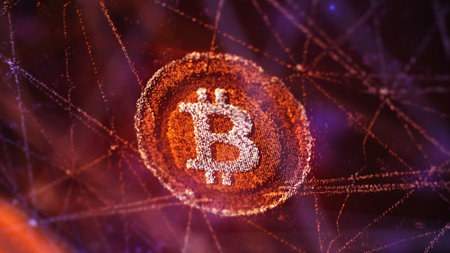 Bitcoin cryptocurrency symbol on abstract background. Cryptocurrency concept. 3D Renderingの写真素材