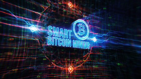 3D rendering of a cryptocurrency coin on a digital background with the inscriptionの写真素材