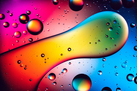 Oil drops on water surface. Abstract background with colorful bubbles. Close-up.の写真素材