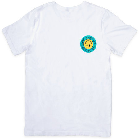 White t-shirt with blue button isolated on a white background.の写真素材