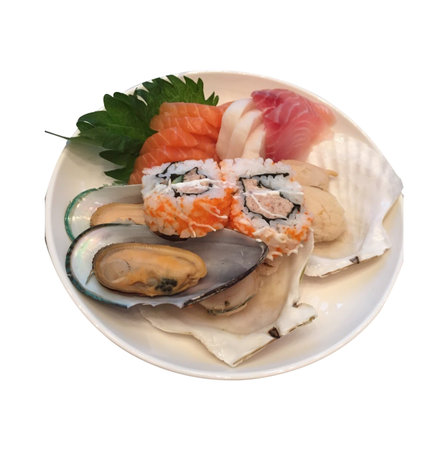 Sushi set on a plate isolated on white background with clipping pathの写真素材