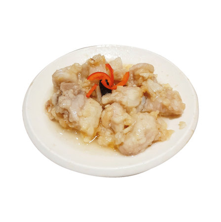 chinese food, steamed pork in white dish on white backgroundの写真素材