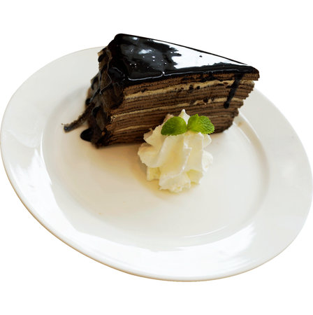 chocolate cake with whipped cream on a plate isolated on white backgroundの写真素材