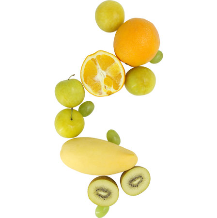 Fruit mix of orange, kiwi, grape and banana isolated on white backgroundの写真素材