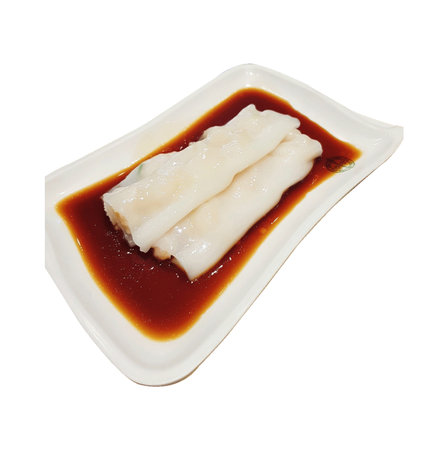 Gyoza dumplings in soy sauce isolated on white backgroundの写真素材