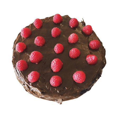 Chocolate cake with raspberries isolated on a white background.の写真素材