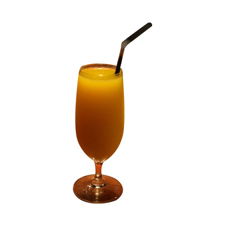 Orange juice in a glass with a straw isolated on a white backgroundの写真素材