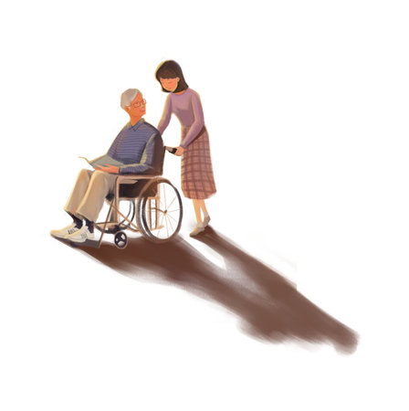 Old woman in a wheelchair and her young caregiver on white backgroundの写真素材