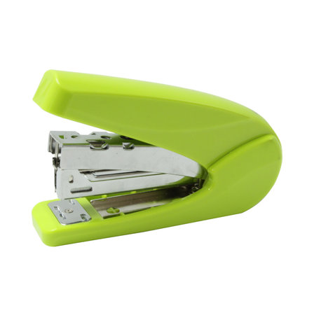 Green stapler isolated on white background. Clipping path included.の写真素材